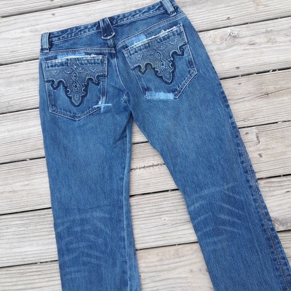 Vintage 90s Jeans Womens Straight Leg Patch Frayed Edge Distressed - Picture 11 of 15